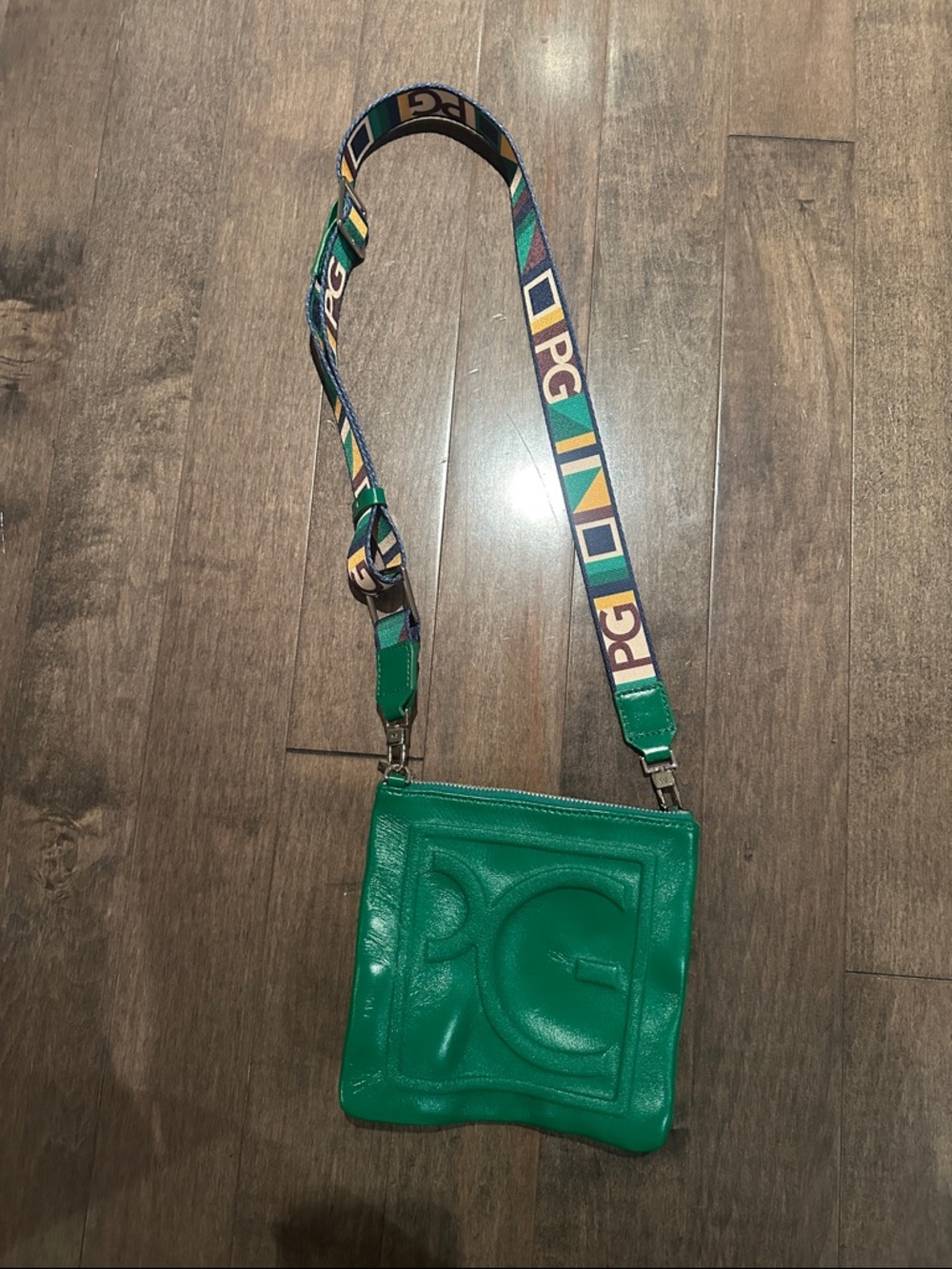 PG Embossed Green Crossbody Bag with Logo Strap